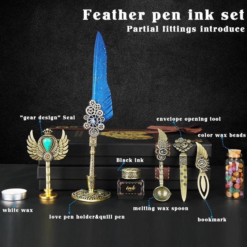 Aifeiter Quill Pen ink Set,Wax Seal Stamp Set,Calligraphy Pen ink Set,Feather Calligraphy Pen Set,Beautiful Gift Calligraphy Set,Christmas Gifts-Blue - Image 2